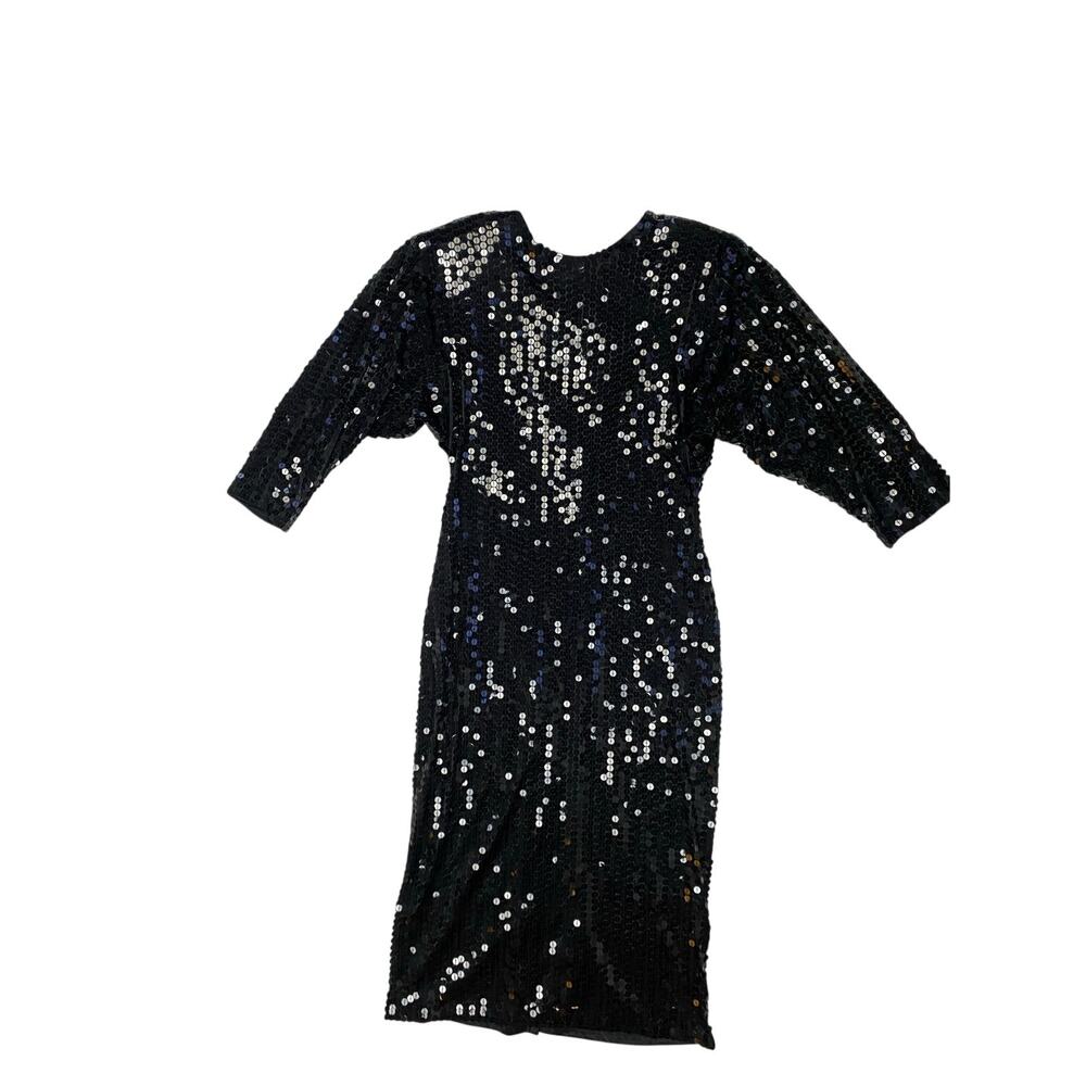 Vintage 80s Oleg Cassini Black Sequin 3/4 Sleeve Dress Low Back